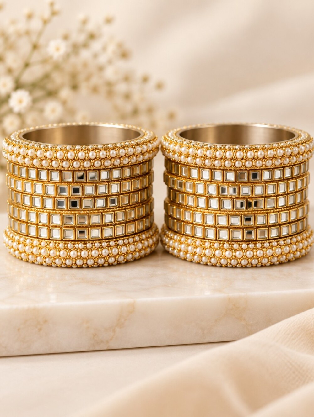 Kundan Pearl Mirror Bangle Set | Gold Statement Bangles Size 2.8